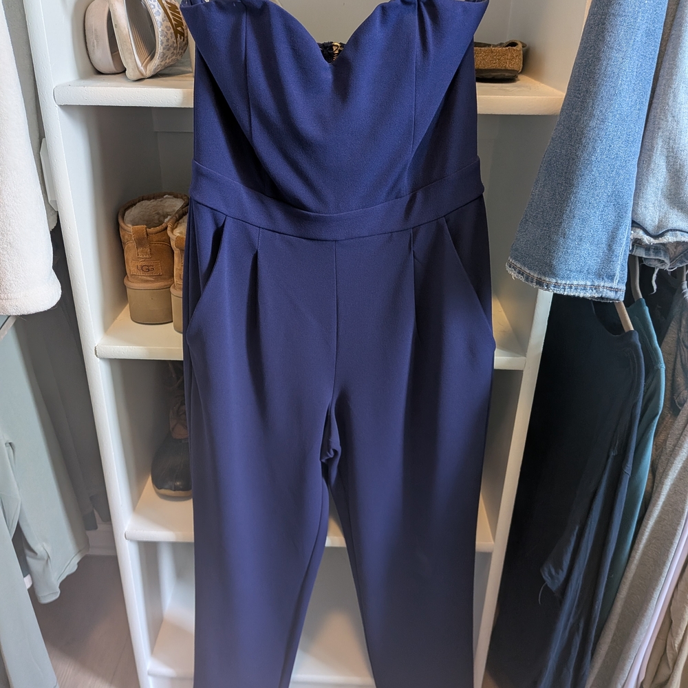 Express Midnight Blue Strapless Jumpsuit